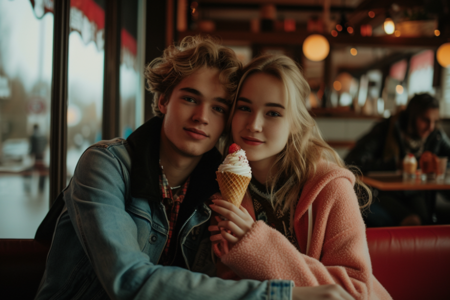 Para jedząca lody w restauracji w walentynki